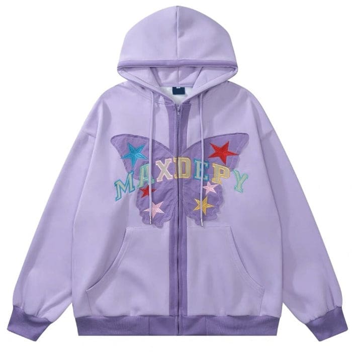 Butterfly Embroidery Zip Up Hoodie - M / Purple - Hoodie