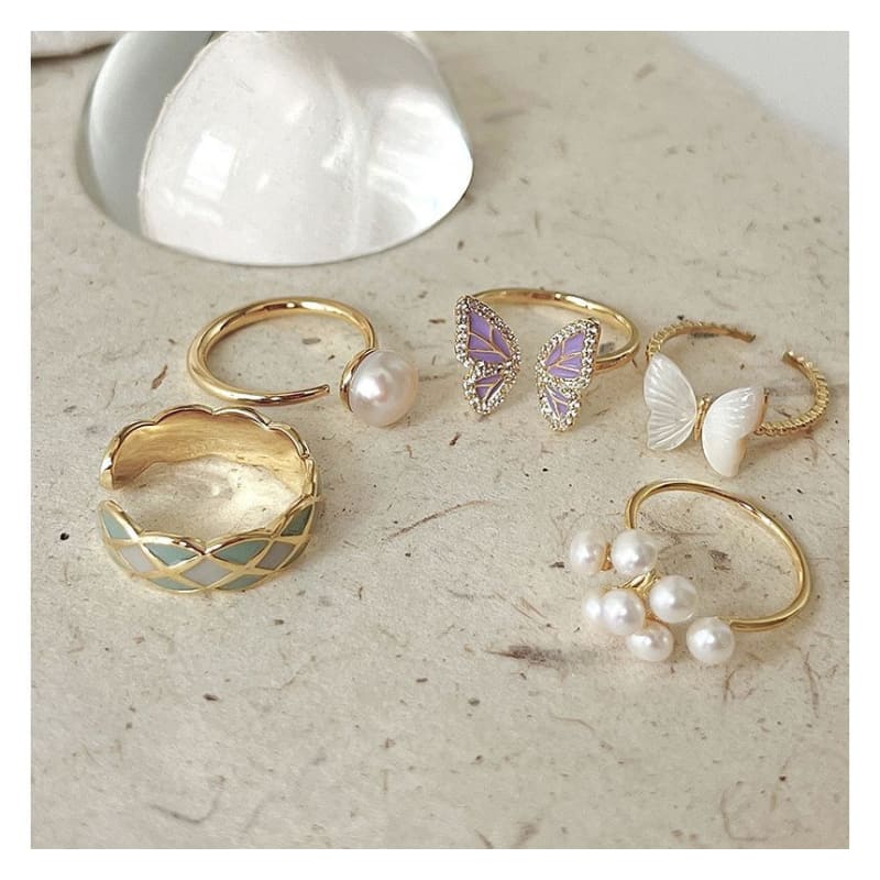 Butterfly / Faux Pearl Alloy Open Ring (various designs)