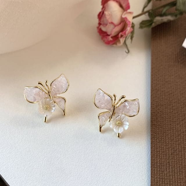 Butterfly Floral Faux Crystal Alloy Stud Earring - 1 Pair