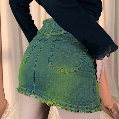 Butterfly Green Denim Skirt - Skirt