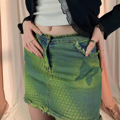 Butterfly Green Denim Skirt - Skirt