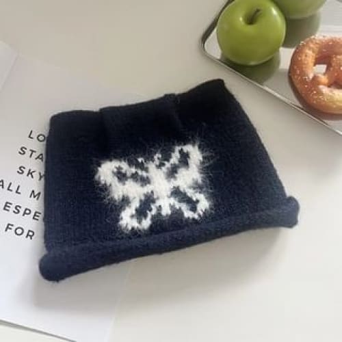 Butterfly Knit Beanie - Navy Blue / One Size