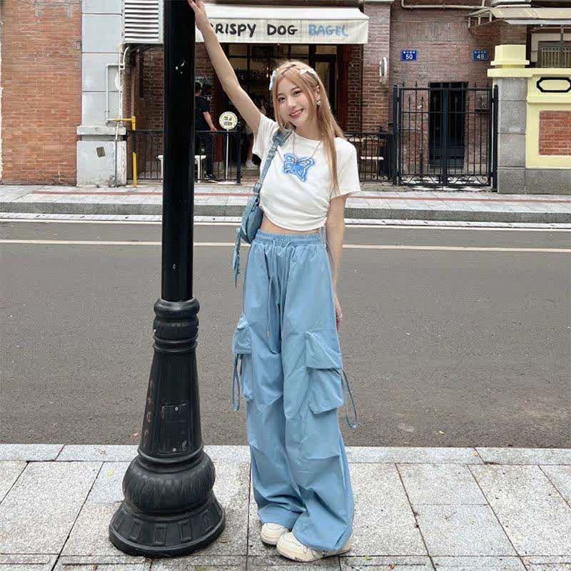 Butterfly Print Draw String T-Shirt Pocketed Cargo Pants