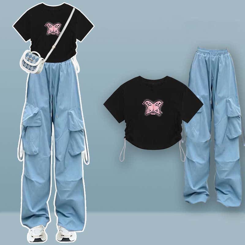 Butterfly Print Draw String T-Shirt Pocketed Cargo Pants