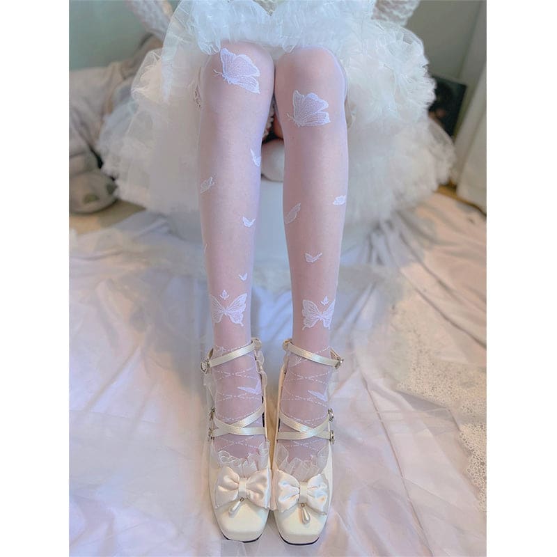 Butterfly Print Lolita Silk Stockings - White 2 / One Size