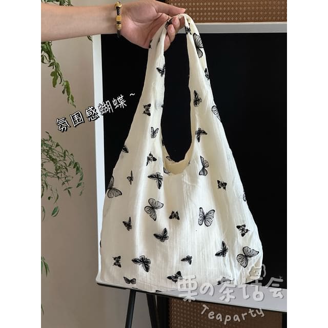 Butterfly Print Tote Bag / Bag Charm / Set - Black