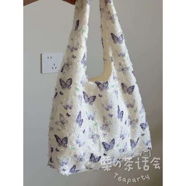 Butterfly Print Tote Bag / Bag Charm / Set - Purple