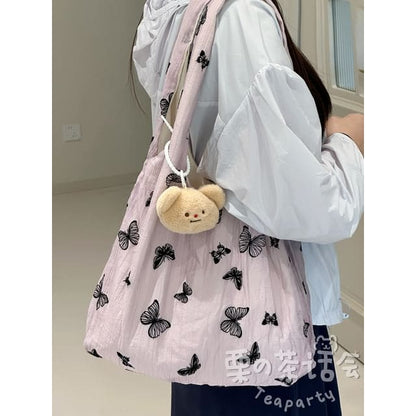 Butterfly Print Tote Bag / Bag Charm / Set - With Bear Head