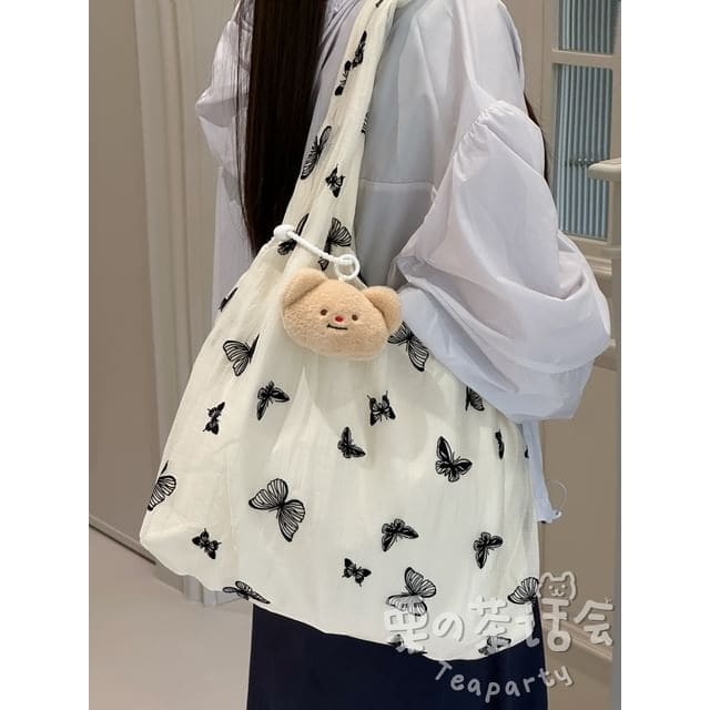 Butterfly Print Tote Bag / Bag Charm / Set - With Bear Head