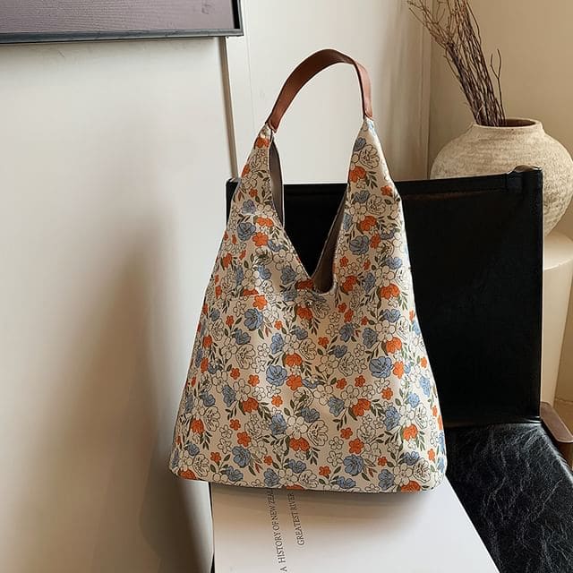 Butterfly Print Tote Bag - Floral - Red & Blue & White