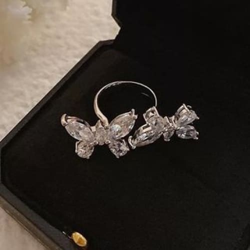 Butterfly Rhinestone Alloy Open Ring - Silver / One Size