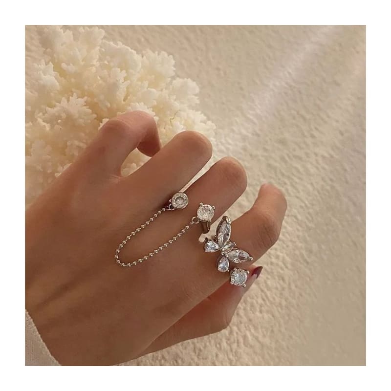 Butterfly Rhinestone Alloy Open Ring - Silver / One Size