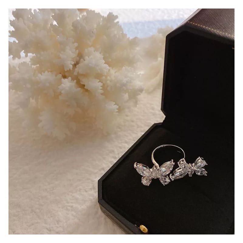 Butterfly Rhinestone Alloy Open Ring - Silver / One Size