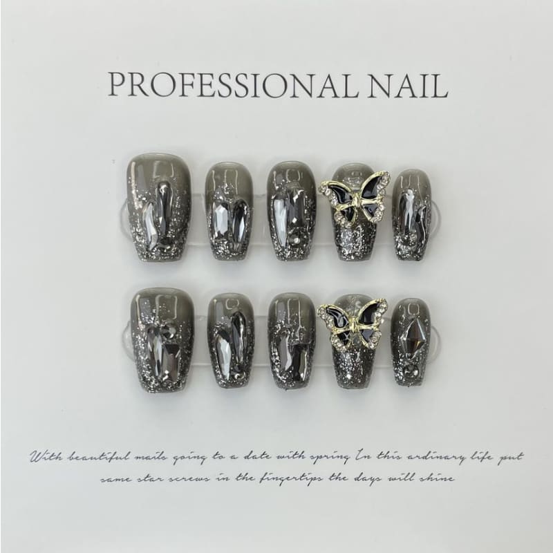 Butterfly Rhinestone Faux Nail Tips