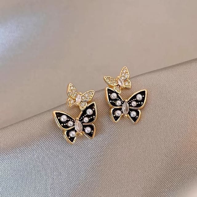 Butterfly Rhinestone Faux Pearl Ear Stud - 1 Pair - Stud