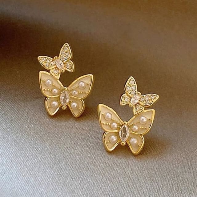 Butterfly Rhinestone Faux Pearl Ear Stud - 1 Pair - Stud