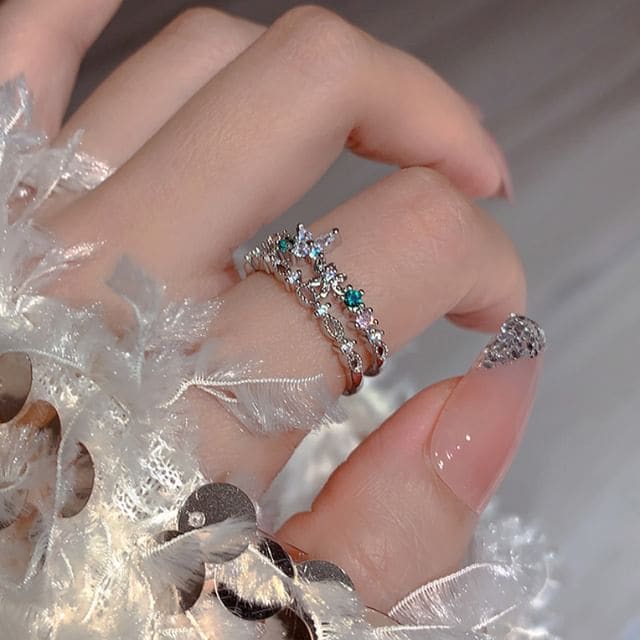 Butterfly Rhinestone Layered Ring - J5082 - Silver