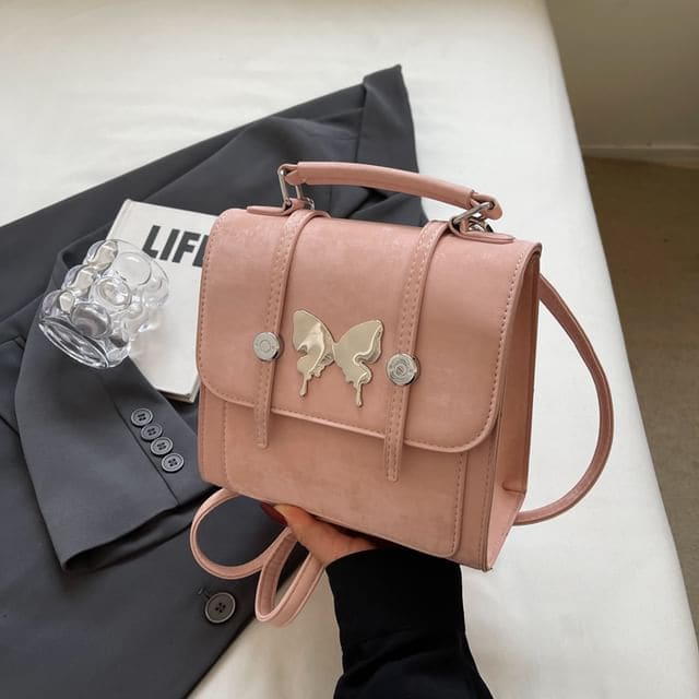 Butterfly Studded Flap Backpack - Backpack - Pink / One Size