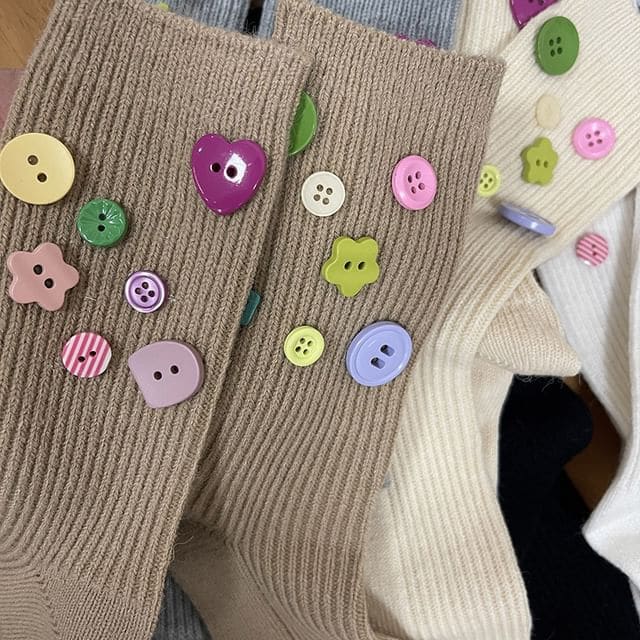 Button Accent Socks - Khaki / One Size