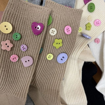 Button Accent Socks - Khaki / One Size