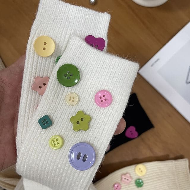 Button Accent Socks - White / One Size