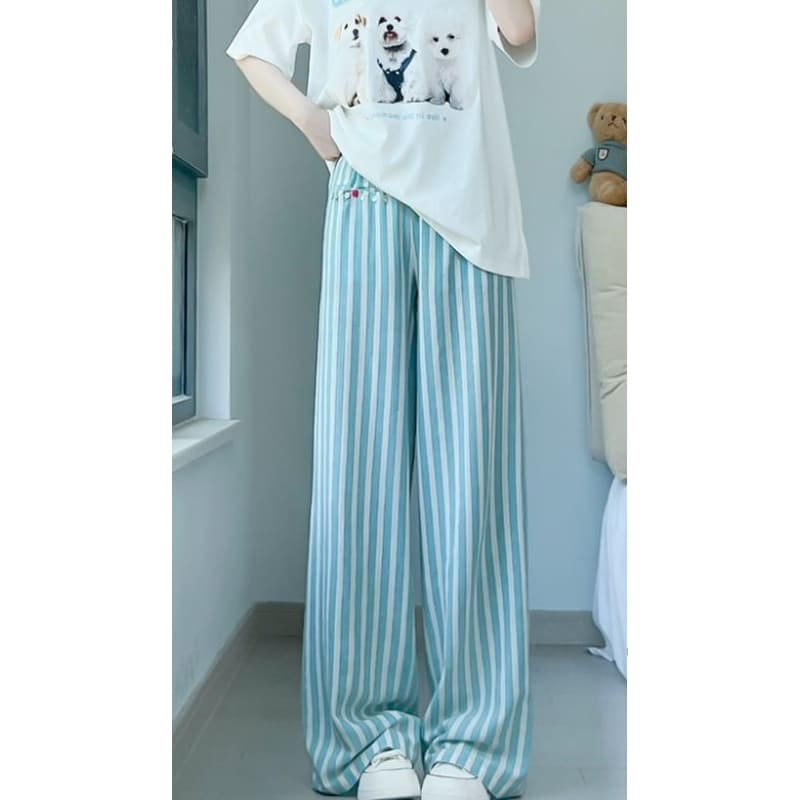 Button Applique High Rise Contrast Stripe Wide Leg