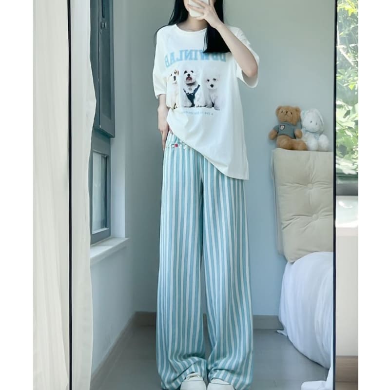 Button Applique High Rise Contrast Stripe Wide Leg