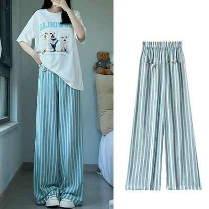 Button Applique High Rise Contrast Stripe Wide Leg