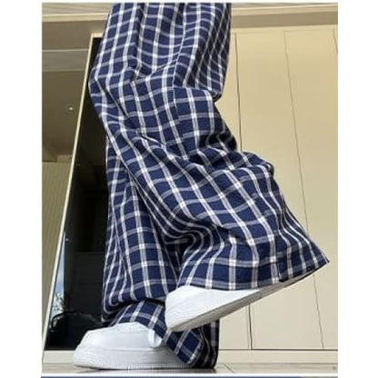 Button Applique High Rise Elastic Waist Plaid Wide Leg Pants