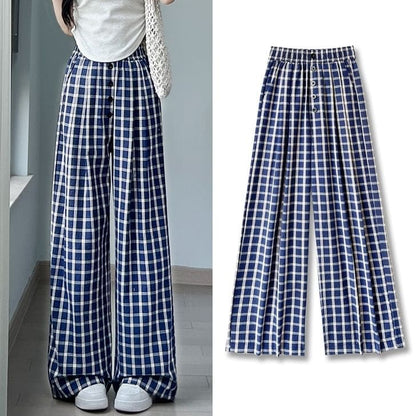 Button Applique High Rise Elastic Waist Plaid Wide Leg Pants