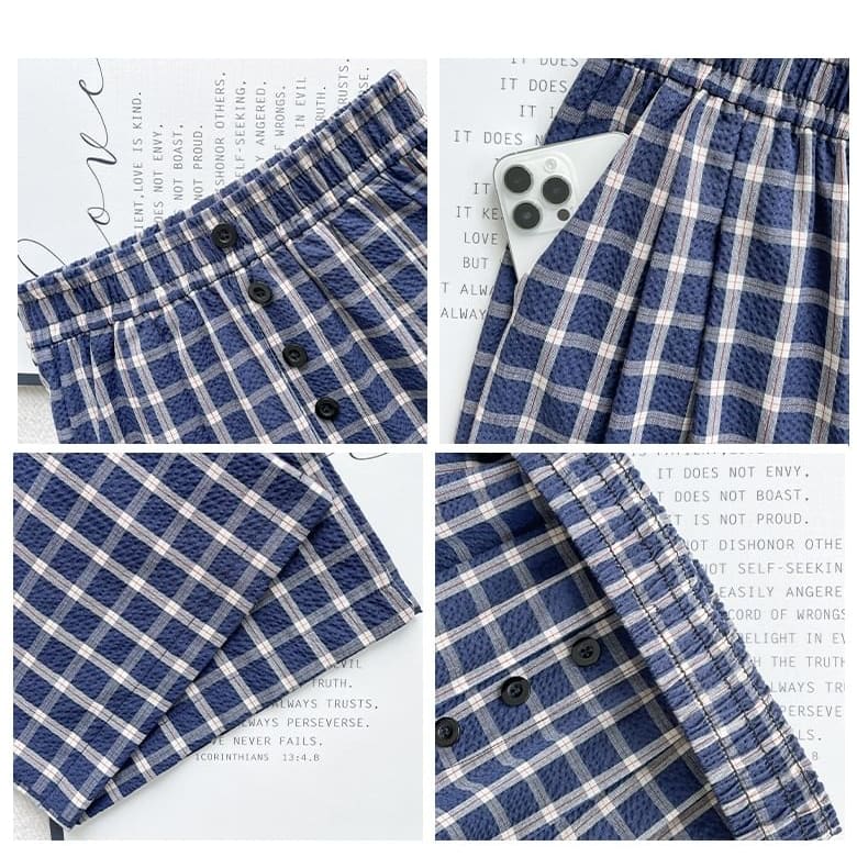 Button Applique High Rise Elastic Waist Plaid Wide Leg Pants