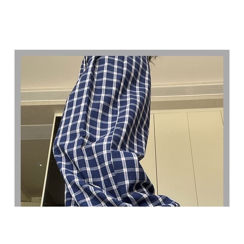 Button Applique High Rise Elastic Waist Plaid Wide Leg Pants