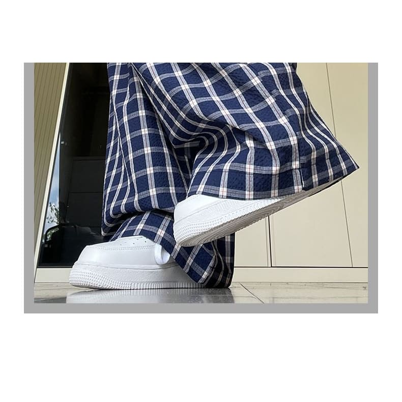 Button Applique High Rise Elastic Waist Plaid Wide Leg Pants