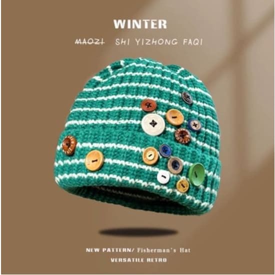 Button Striped Beanie