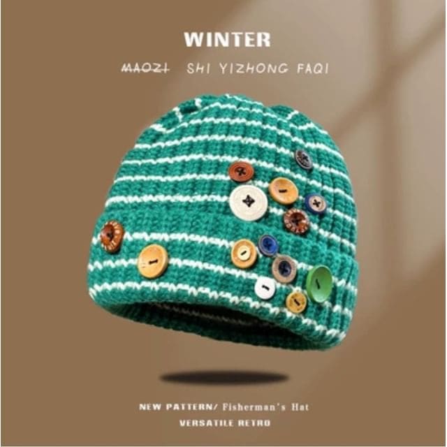 Button Striped Beanie - White Stripes - Green / One Size