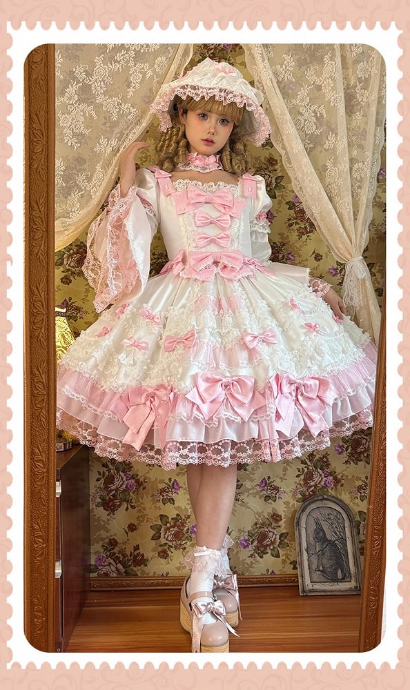 with Pink White Sweet Dress High Waist Lolita Bow Accents Detachable Sleeves Princess