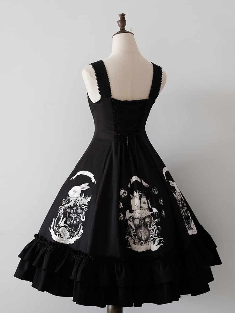 Gothic Bunny Dark Black Slim Print Fit Lolita Dress Waist