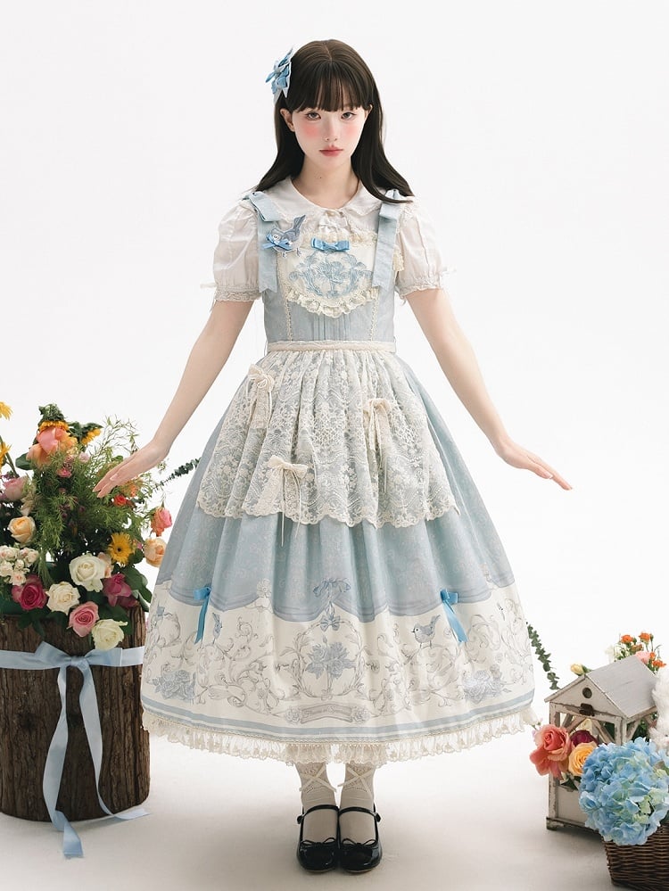 Floral Lolita Blue and Titmouse Print Skirt Jumper