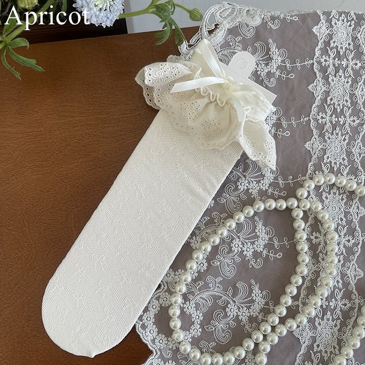 Black/White/Apricot Lace Socks Hollow-out Trim Bowknot Details