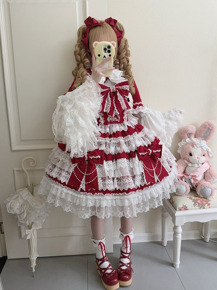 Tiered Lolita Big Red Decoration Dress Bows Hanayome Skirt