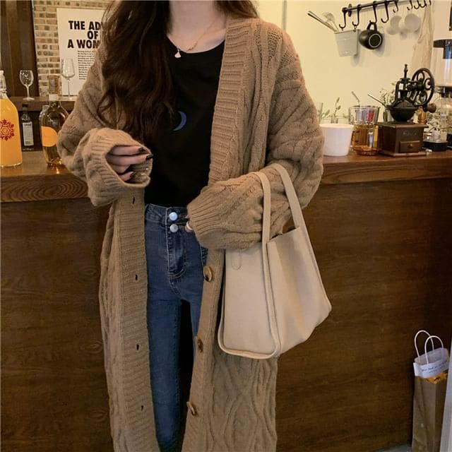 Cable-Knit V-Neck Long Cardigan - Khaki / One Size