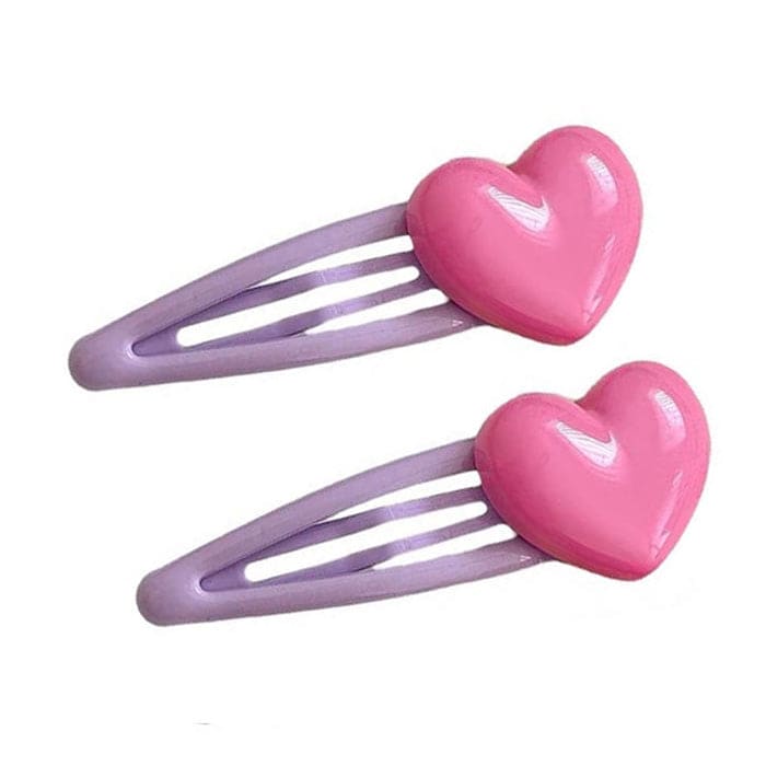 Candy Color Heart Hair Clip - Standart/ 2pcs / Purple/pink