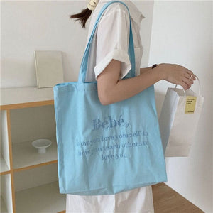 Canvas Embroidery Tote Bag - Standart / Blue - Handbags