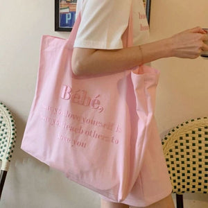Canvas Embroidery Tote Bag - Standart / Pink - Handbags