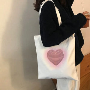 Canvas Heart Tote Bag - Standart / White/pink - Handbags