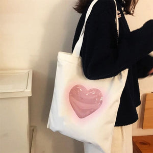 Canvas Heart Tote Bag - Standart / White/pink - Handbags