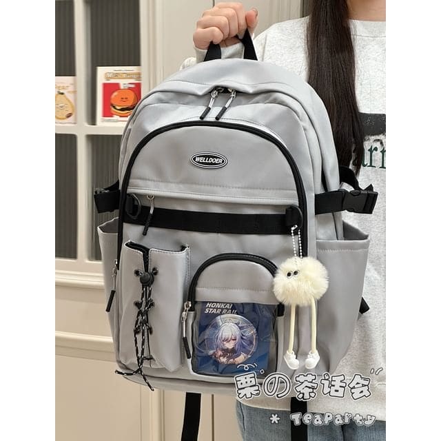 Canvas Zip Backpack - With Pom Pom Charm - Gray / One Size