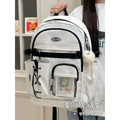 Canvas Zip Backpack - With Pom Pom Charm - Off-White