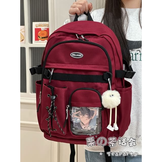 Canvas Zip Backpack - With Pom Pom Charm - Wine Red