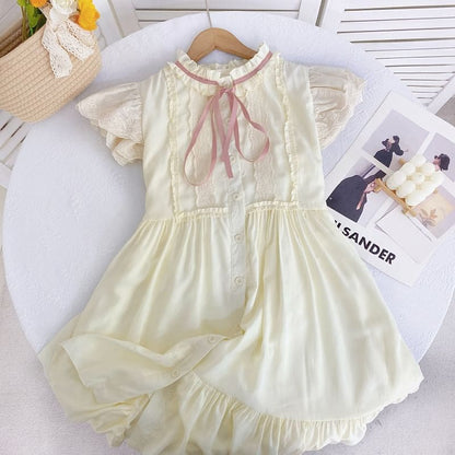 Cap-Sleeve Bow Frill Trim Button A-Line Dress